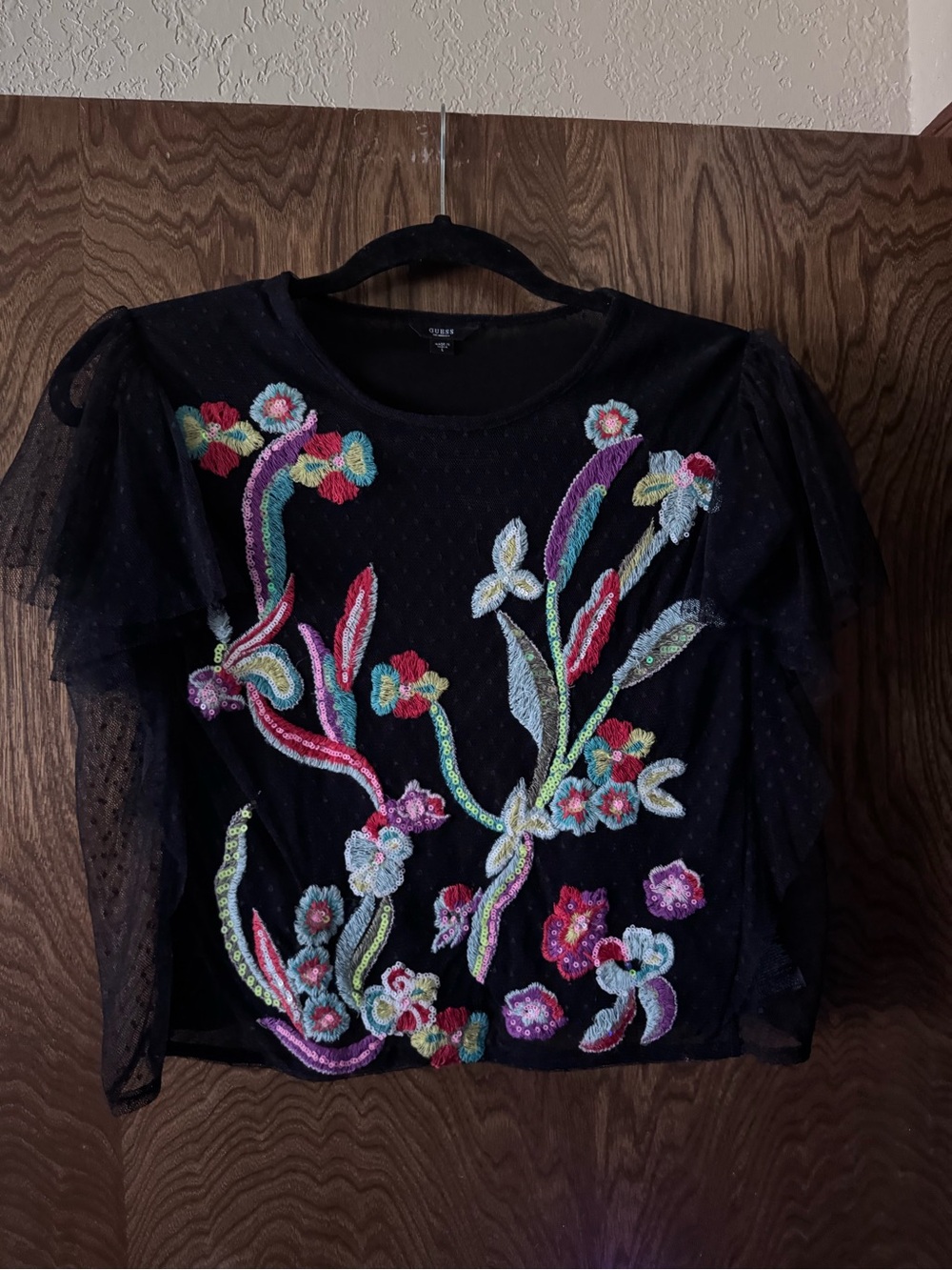 Guess Black Mesh Top with Multicolor Floral Embroidery